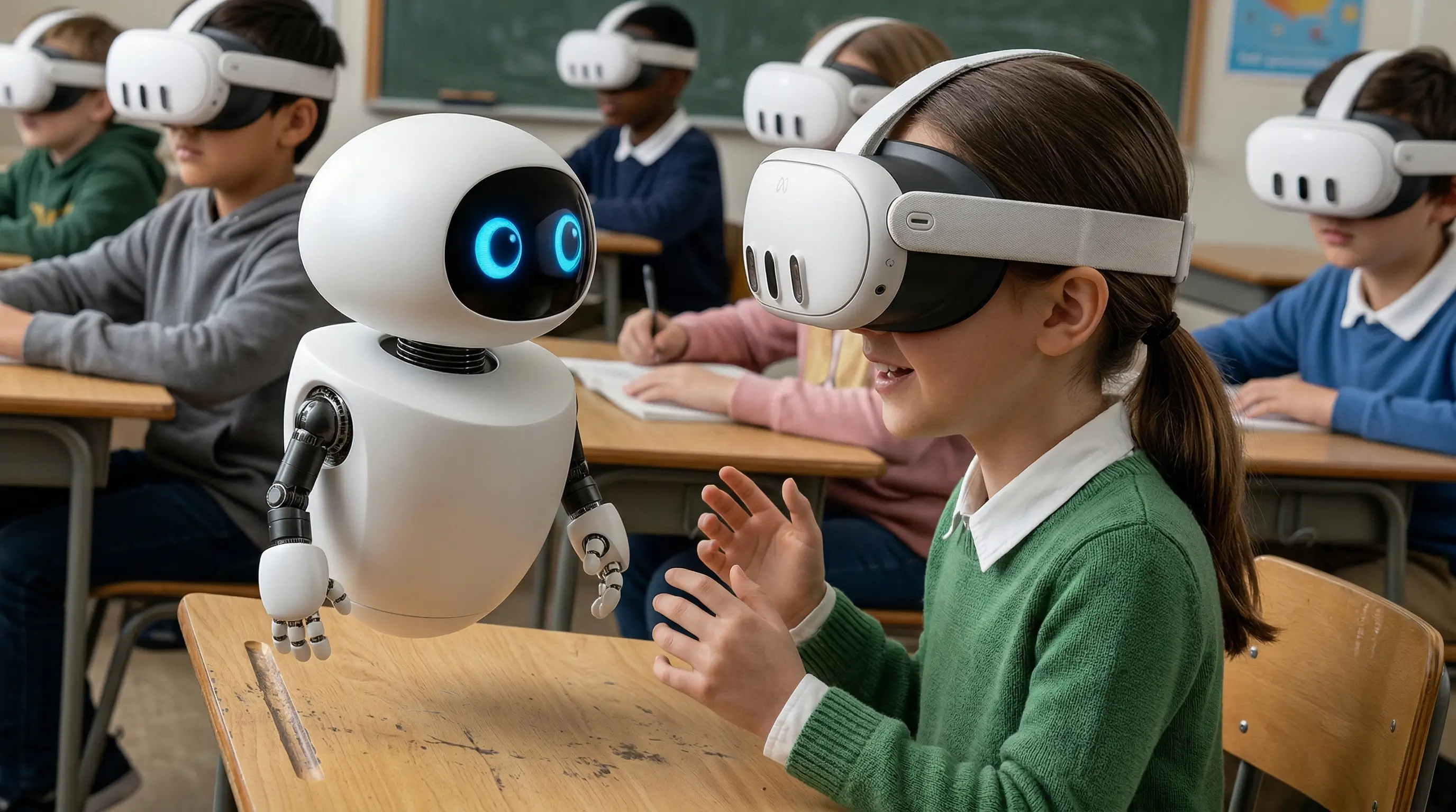 Estudiante con visor de realidad extendida dialogando con una molécula de agua en 3D mediante IA conversacional en PIXLAB 3D